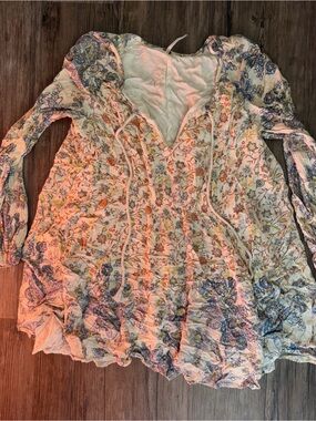 Free People Cream Floral Smocked Tunic with Blue Accents